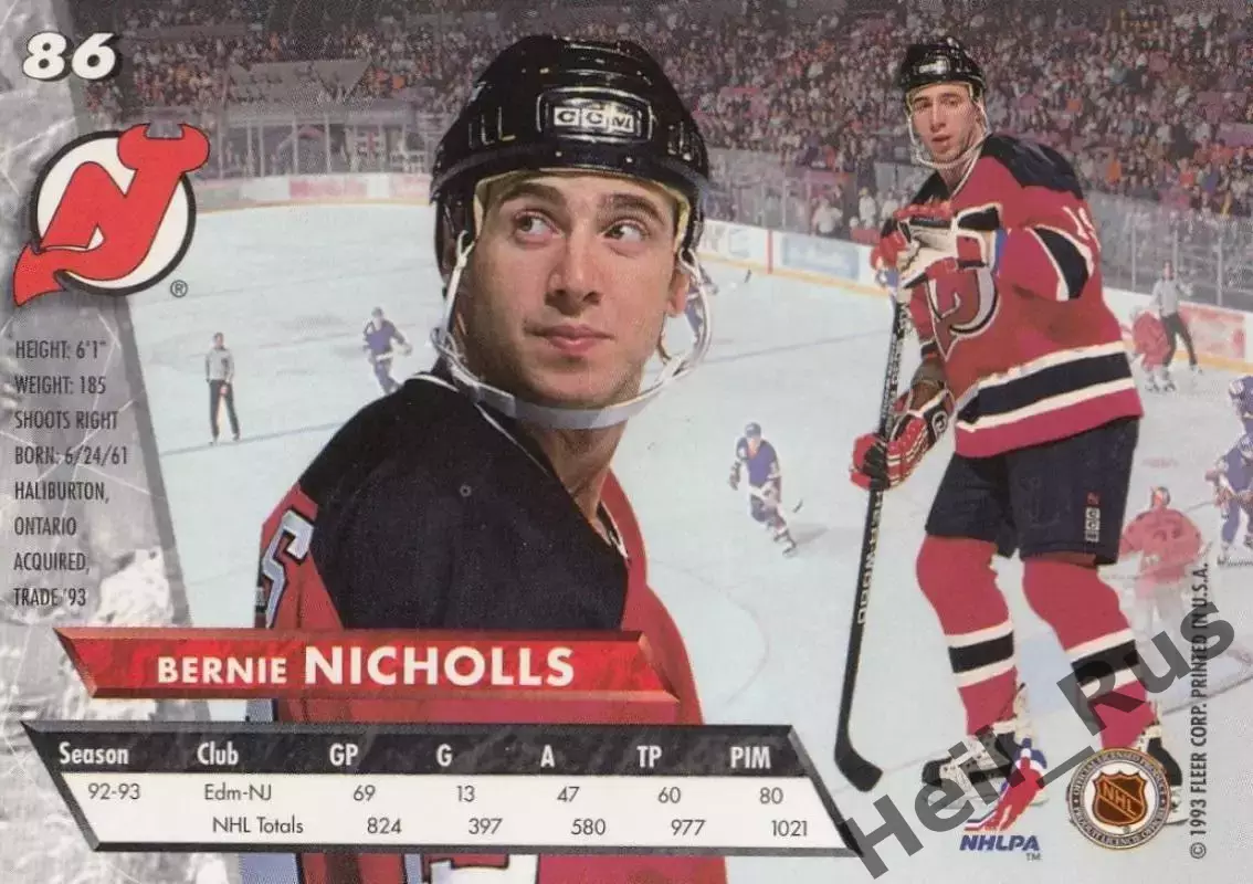 Хоккей. Карточка Bernie Nicholls/Берни Николлс Devils/Нью-Джерси Девилз НХЛ/NHL 1