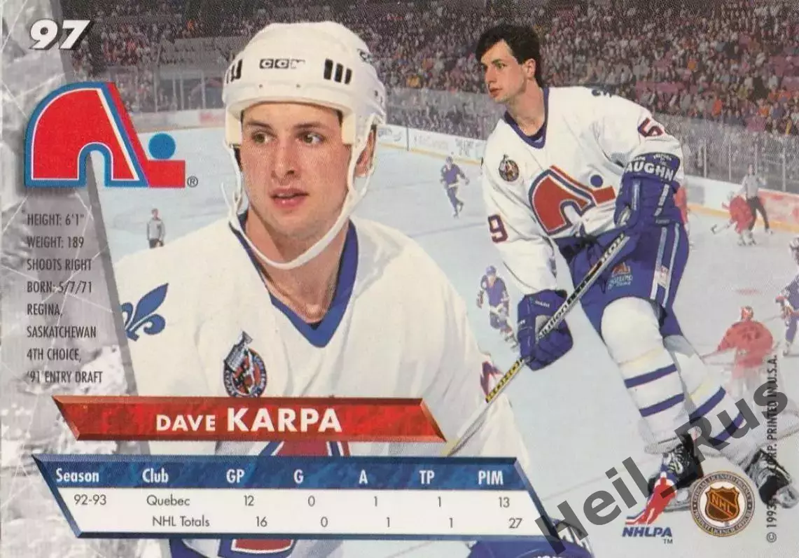 Хоккей. Карточка Dave Karpa/Дэйв Карпа (Quebec Nordiques / Квебек, Амур) НХЛ/NHL 1