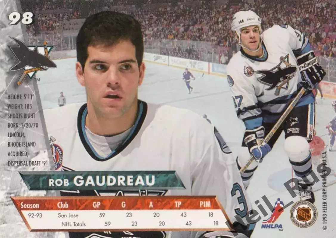 Хоккей. Карточка Rob Gaudreau/Роб Годро (San Jose Sharks/Сан-Хосе Шаркс) НХЛ/NHL 1