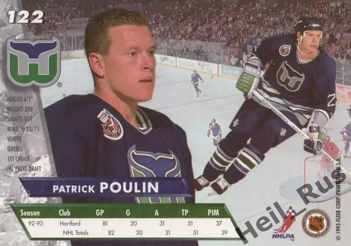 Хоккей. Карточка Patrick Poulin/Патрик Пулин (Hartford Whalers/Хартфорд) НХЛ/NHL 1