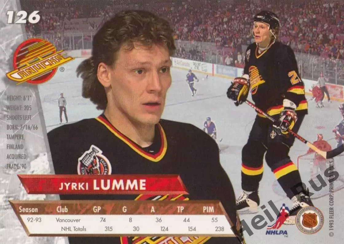 Хоккей Карточка Jyrki Lumme/Юрки Лумме Vancouver Canucks/Ванкувер Кэнакс НХЛ-NHL 1