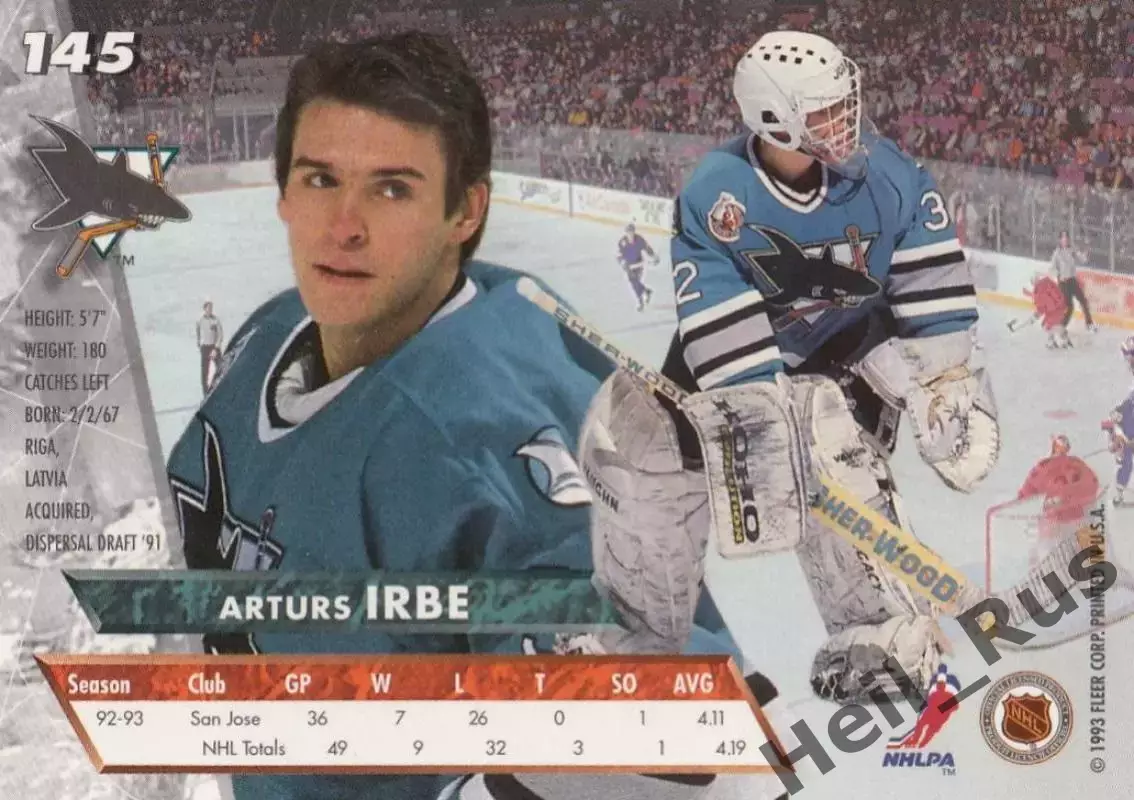 Хоккей. Карточка Артурс Ирбе San Jose Sharks/Сан-Хосе Шаркс, Динамо Рига НХЛ/NHL 1