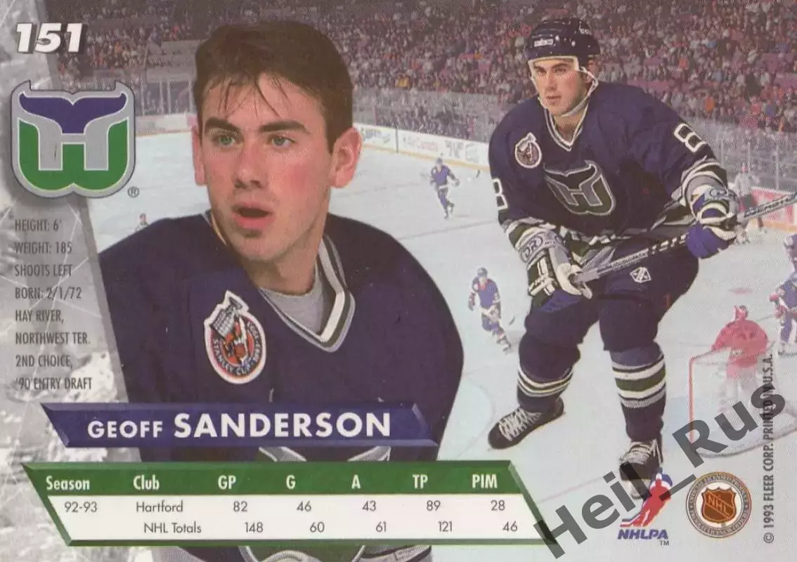 Карточка Geoff Sanderson/Джефф Сэндерсон (Hartford Whalers/Хартфорд) НХЛ/NHL 1