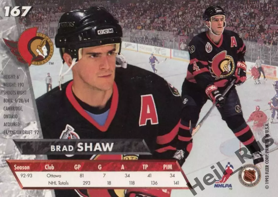 Хоккей. Карточка Brad Shaw / Брэд Шоу (Ottawa Senators/Оттава Сенаторз) НХЛ/NHL 1