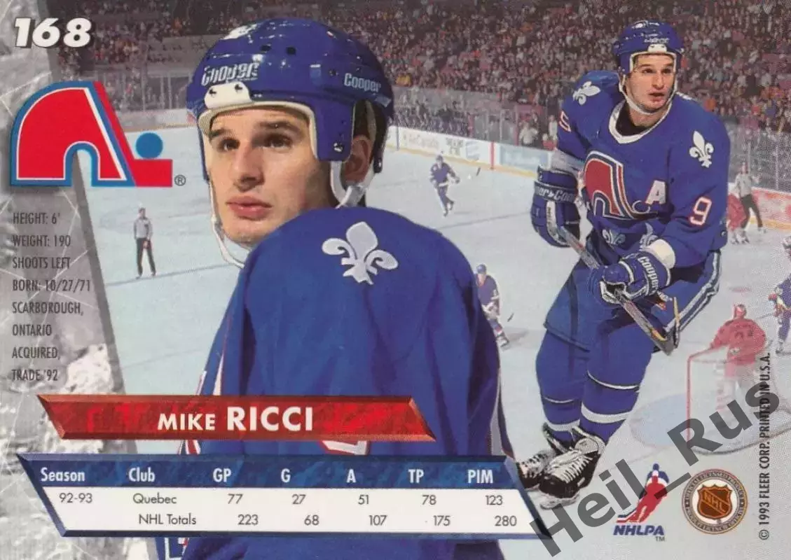 Хоккей; Карточка Mike Ricci/Майк Риччи (Quebec Nordiques/Квебек Нордикс) НХЛ/NHL 1