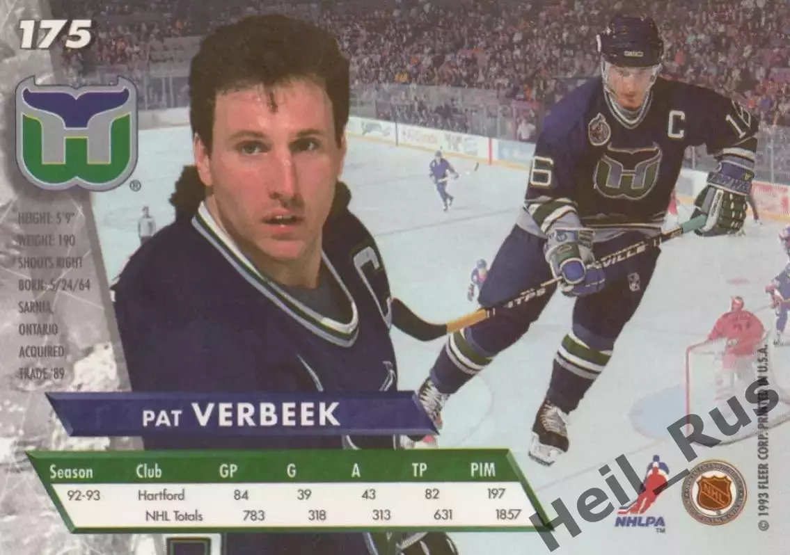 Хоккей Карточка Pat Verbeek/Пэт Вербик Hartford Whalers/Хартфорд Уэйлерс NHL/НХЛ 1