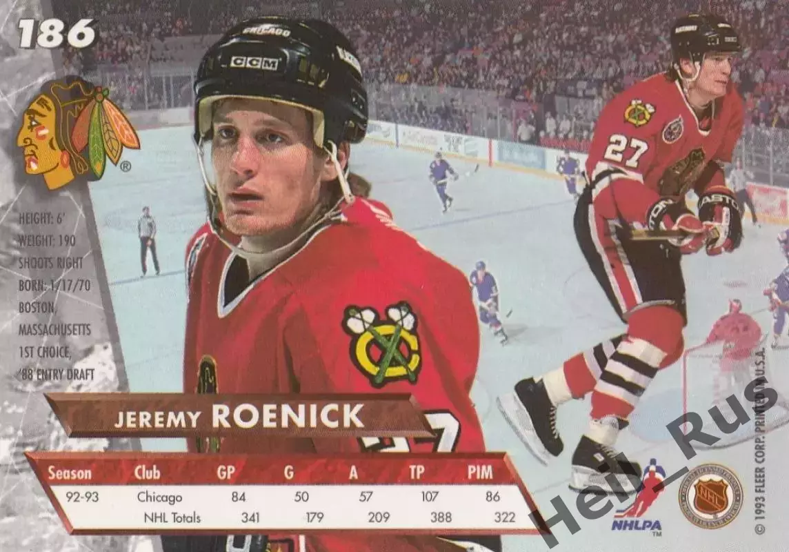 Карточка Jeremy Roenick/Джереми Реник Chicago Blackhawks/Чикаго Блэкхокс НХЛ/NHL 1