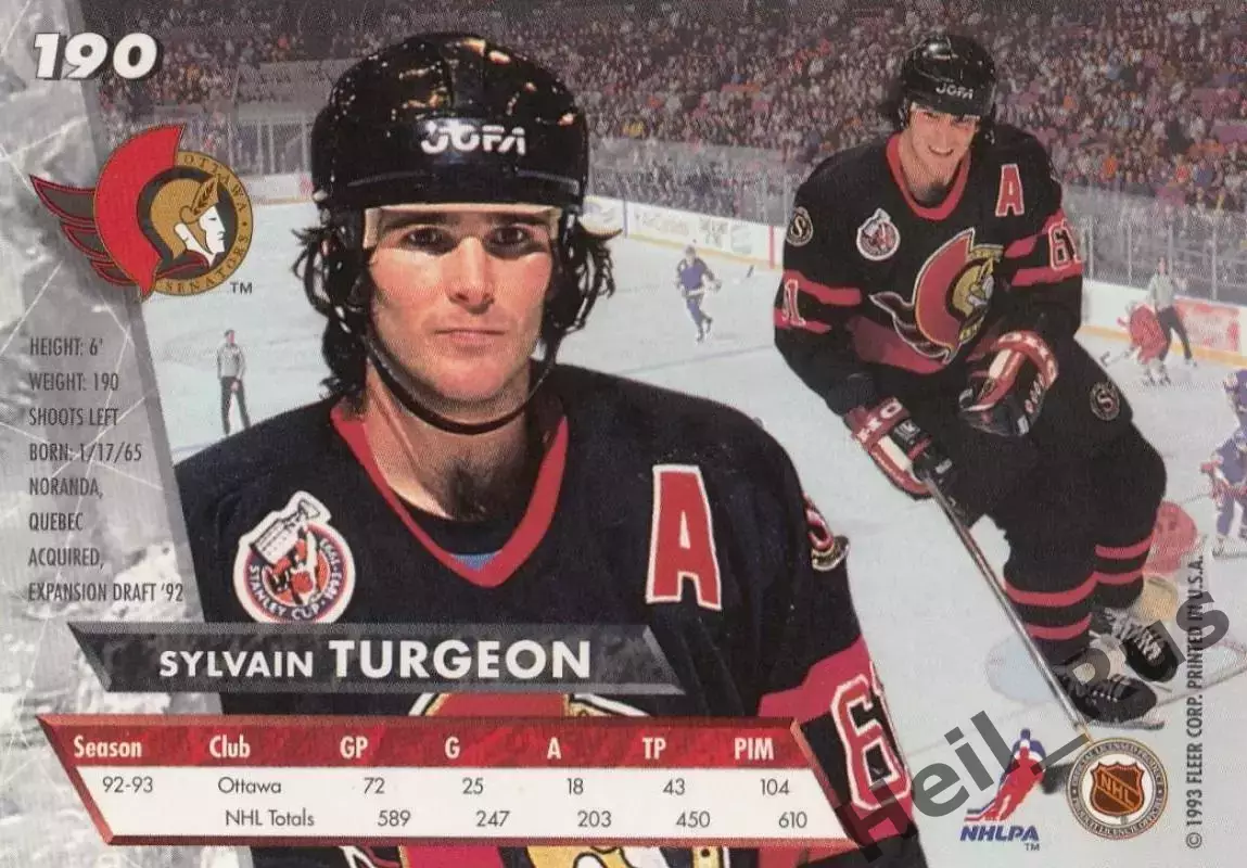 Карточка Sylvain Turgeon/Сильвен Тарджон Ottawa Senators/Оттава Сенаторз НХЛ/NHL 1