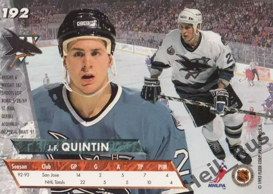 Карточка J.F. Quintin/Жан-Франсуа Квинтен San Jose Sharks/Сан-Хосе Шаркс НХЛ/NHL 1