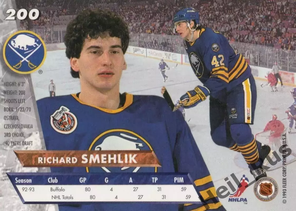 Карточка Richard Smehlik/Рихард Шмеглик (Buffalo Sabres/Баффало Сейбрз) НХЛ/NHL 1