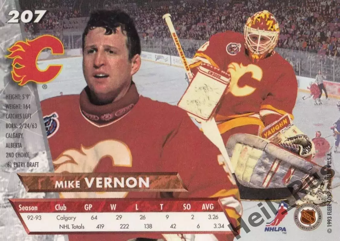 Хоккей. Карточка Mike Vernon/Майк Вернон (Calgary Flames/Калгари Флэймз) NHL/НХЛ 1