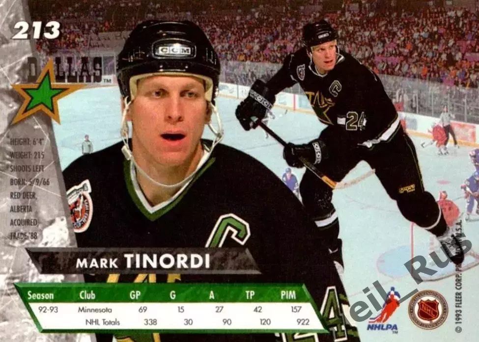 Хоккей. Карточка Mark Tinordi / Марк Тинорди (Dallas Stars/Даллас Старз) НХЛ/NHL 1