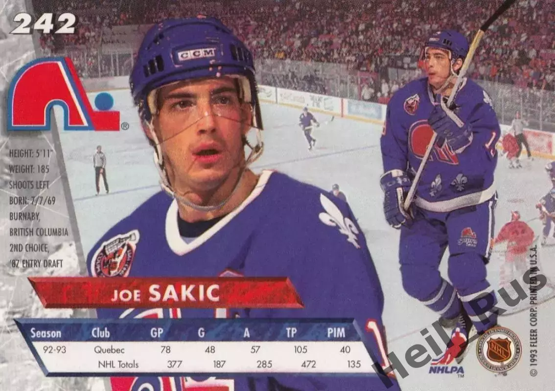 Хоккей; Карточка Joe Sakic / Джо Сакик (Quebec Nordiques/Квебек Нордикс) НХЛ/NHL 1
