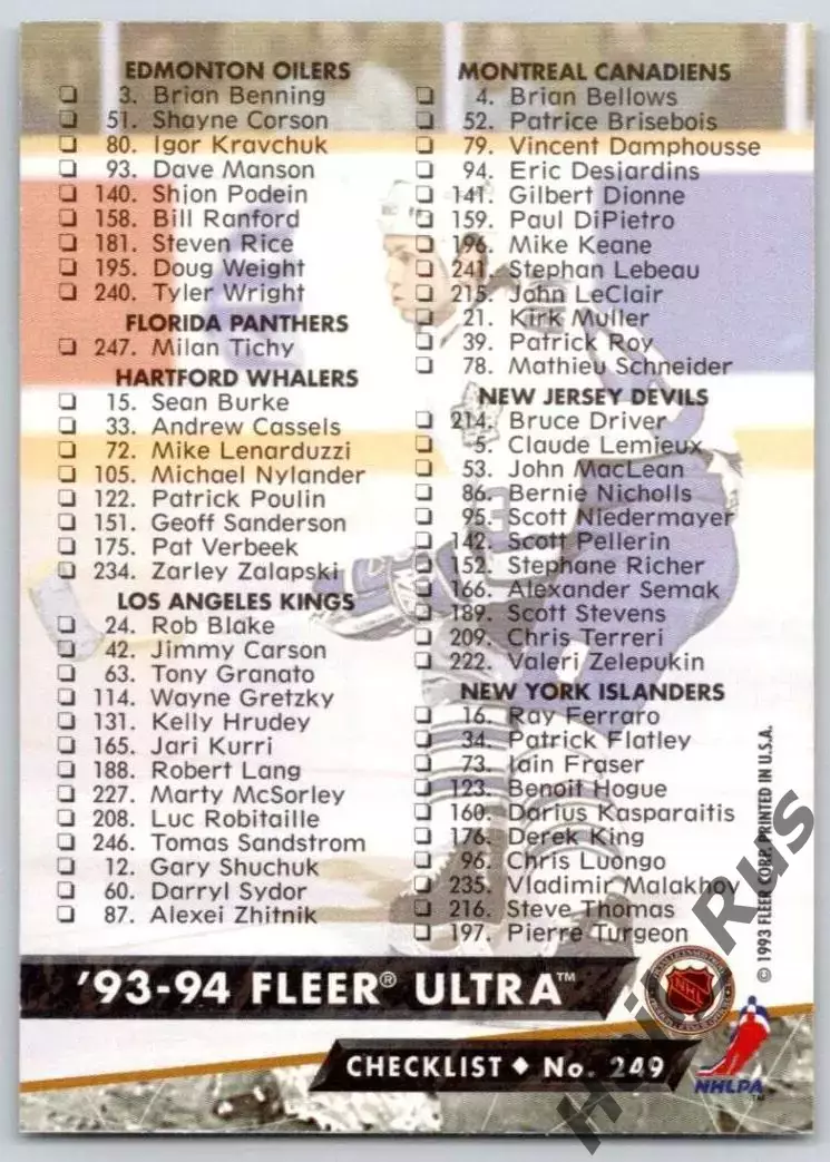Хоккей. Карточка Checklist/Чеклист коллекции 1993-1994 Fleer Ultra НХЛ/NHL 1