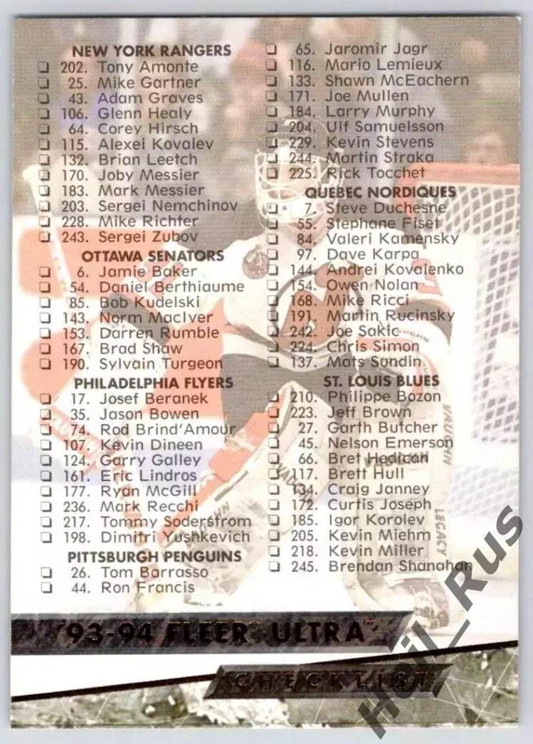 Хоккей. Карточка Checklist/Чеклист коллекции 1993-1994 Fleer Ultra НХЛ/NHL
