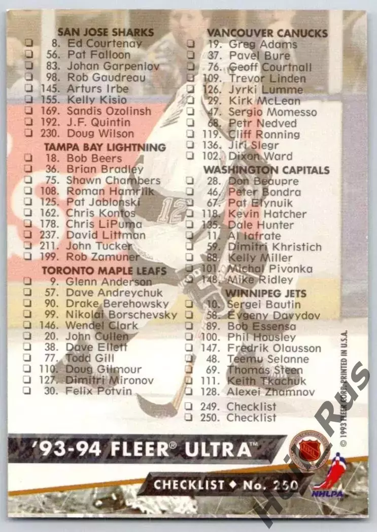 Хоккей. Карточка Checklist/Чеклист коллекции 1993-1994 Fleer Ultra НХЛ/NHL 1