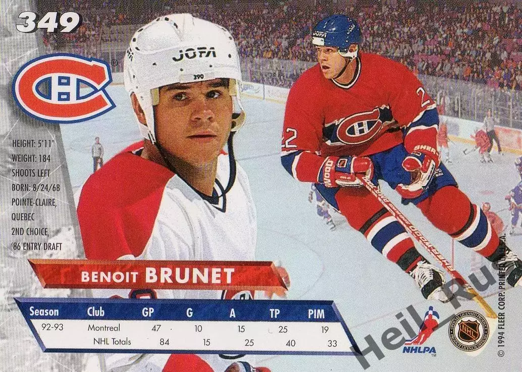 Хоккей. Карточка Benoit Brunet/Бенуа Брюнет Montreal Canadiens/Монреаль НХЛ/NHL 1