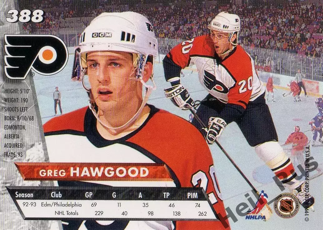 Карточка G. Hawgood/Грег Хоугуд Philadelphia Flyers/Филадельфия Флайерз НХЛ/NHL 1