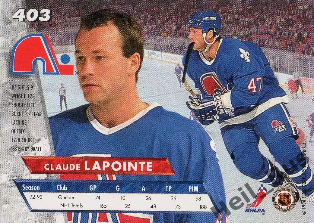 Хоккей; Карточка Claude Lapointe/Клод Лапойнт (Quebec Nordiques/Квебек) НХЛ/NHL 1