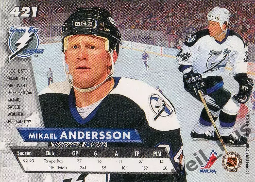 Хоккей. Карточка Mikael Andersson/Микаэль Андерссон (Тампа-Бэй Лайтнинг) НХЛ/NHL 1