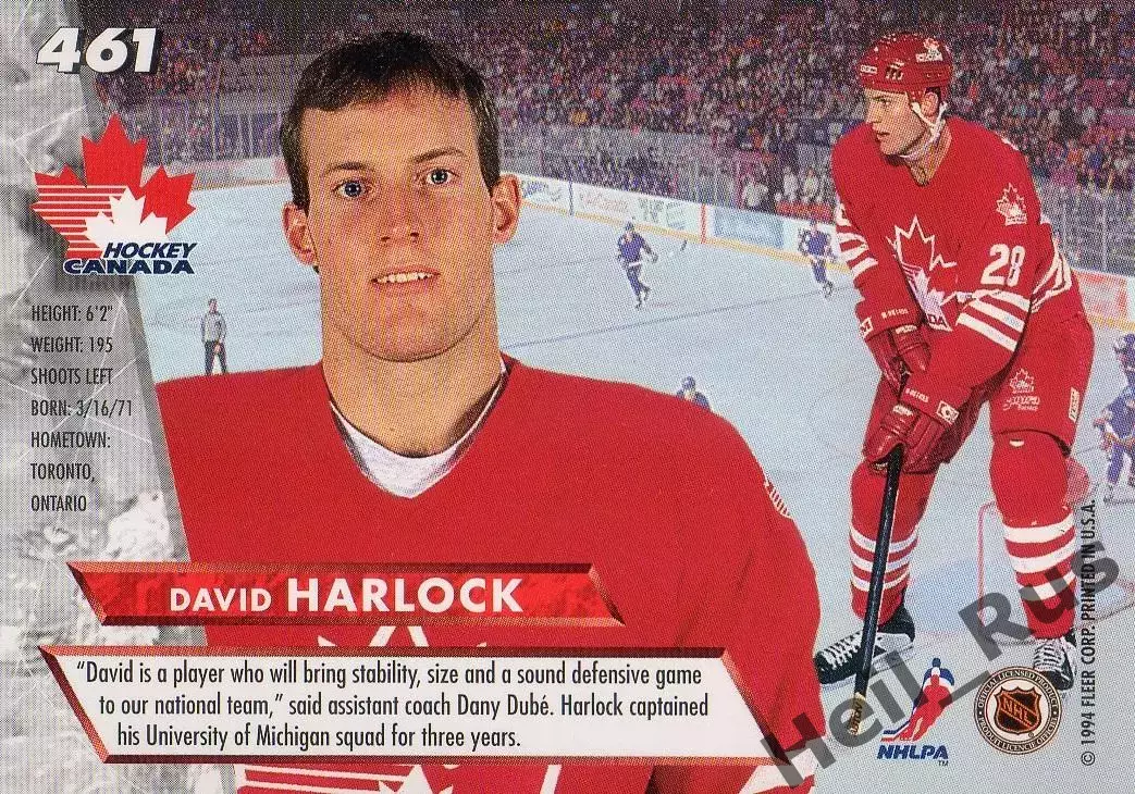 Хоккей. Карточка David Harlock/Дэвид Харлок (Team Canada/Канада) НХЛ/NHL 1993/94 1