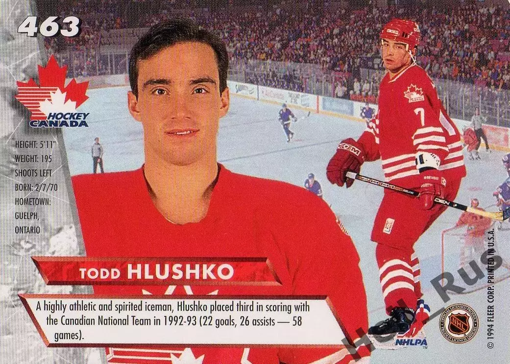 Хоккей. Карточка Todd Hlushko/Тодд Глушко (Team Canada/Канада) НХЛ/NHL 1993/94 1