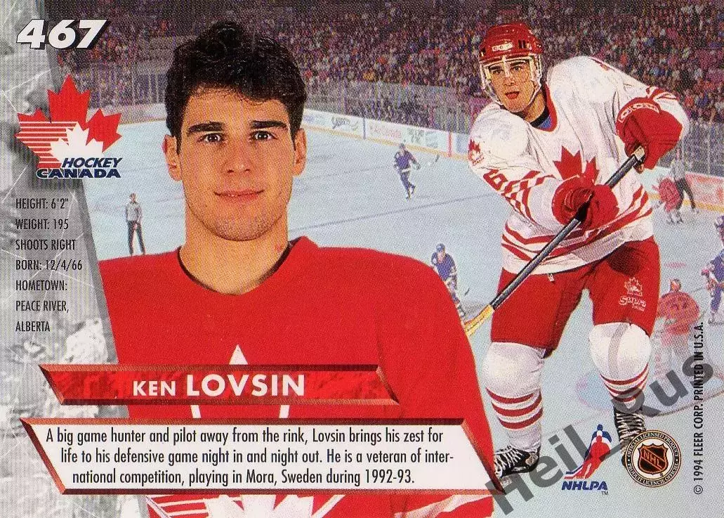 Хоккей. Карточка Ken Lovsin/Кеннет Ловсин (Team Canada/Канада) НХЛ/NHL 1993/94 1