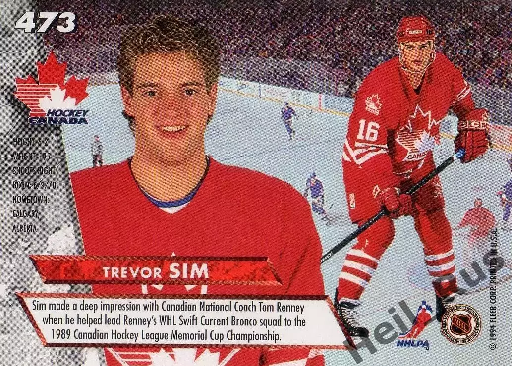 Хоккей. Карточка Trevor Sim/Тревор Сим (Team Canada/Канада) НХЛ/NHL 1993/94 1