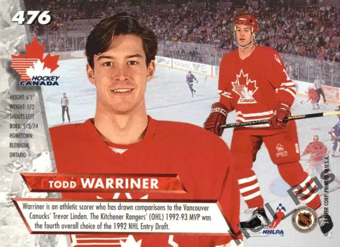 Хоккей. Карточка Todd Warriner/Тодд Уорринер Team Canada/Канада НХЛ/NHL 1993/94 1