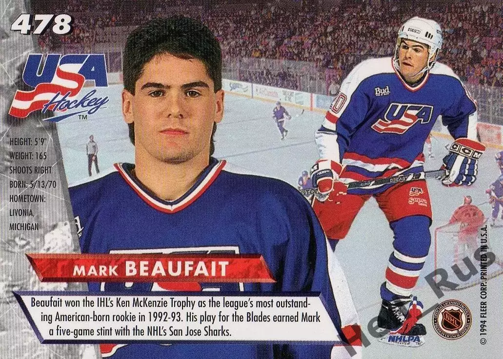 Хоккей. Карточка Mark Beaufait / Марк Бофайт (Team USA/США) НХЛ/NHL 1993/94 1