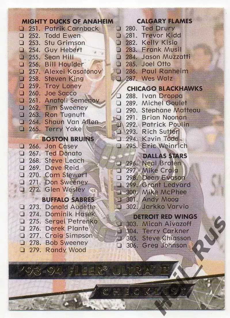 Хоккей. Карточка Checklist / Чеклист коллекции 1993-1994 Fleer Ultra НХЛ/NHL