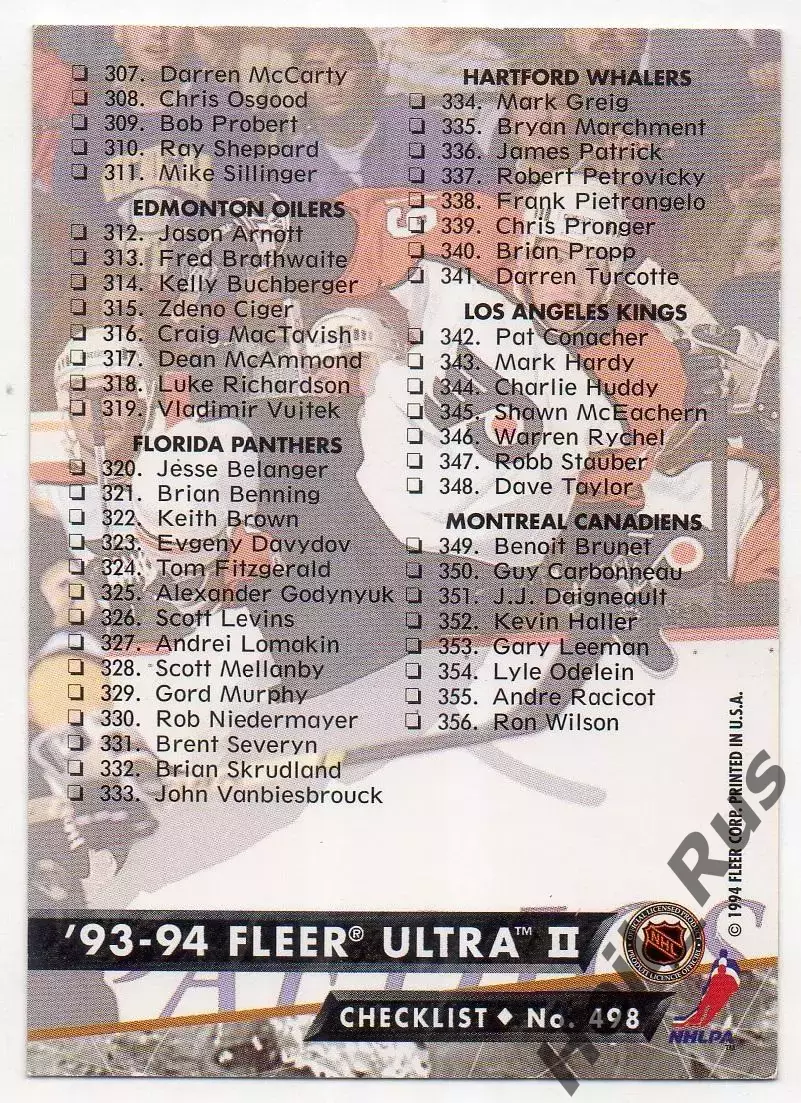 Хоккей. Карточка Checklist / Чеклист коллекции 1993-1994 Fleer Ultra НХЛ/NHL 1