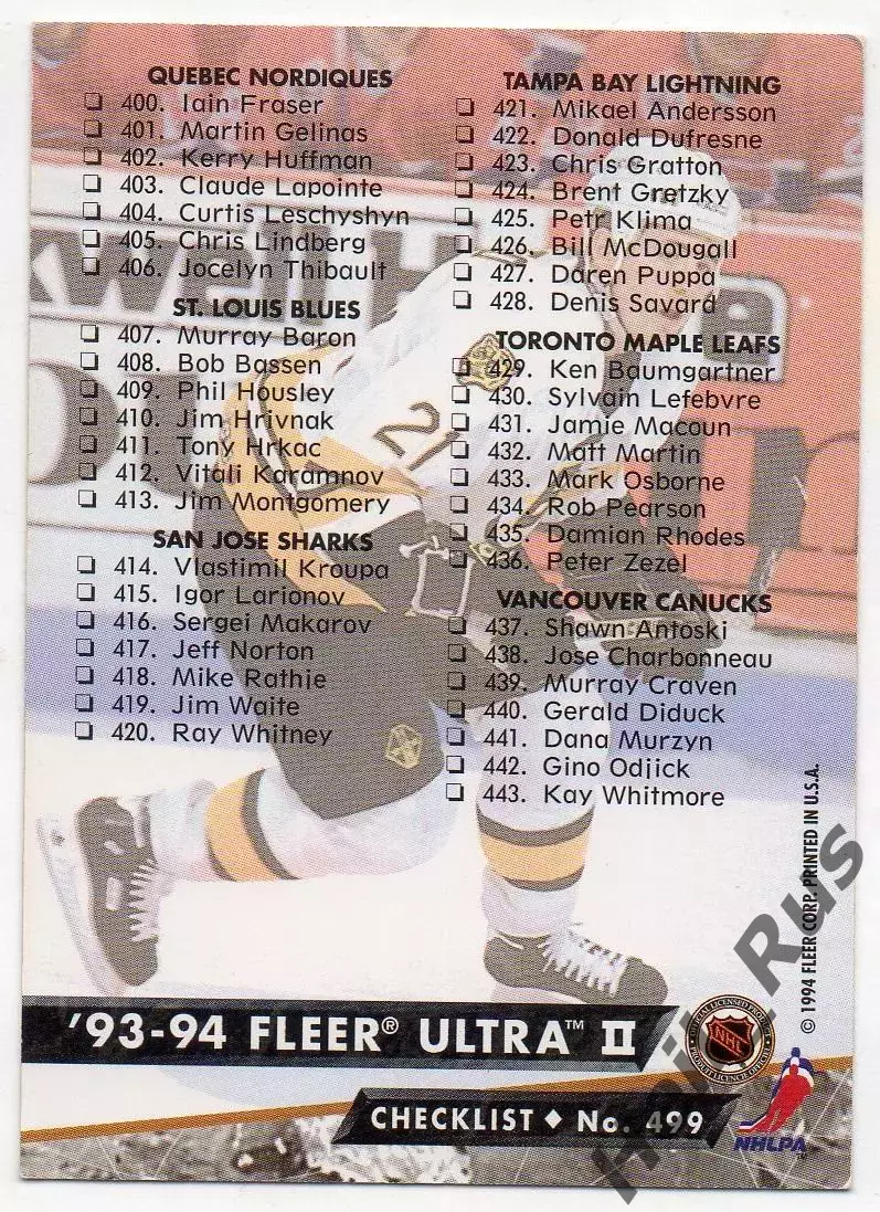 Хоккей. Карточка Checklist / Чеклист коллекции 1993-1994 Fleer Ultra НХЛ/NHL 1