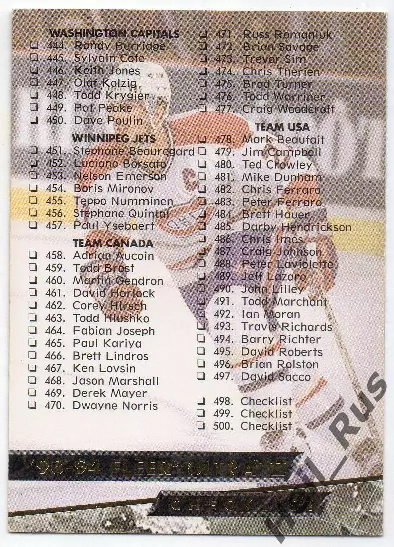 Хоккей; Карточка Checklist / Чеклист коллекции 1993-1994 Fleer Ultra НХЛ/NHL
