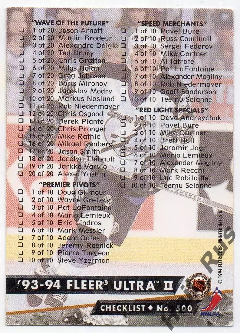 Хоккей; Карточка Checklist / Чеклист коллекции 1993-1994 Fleer Ultra НХЛ/NHL 1
