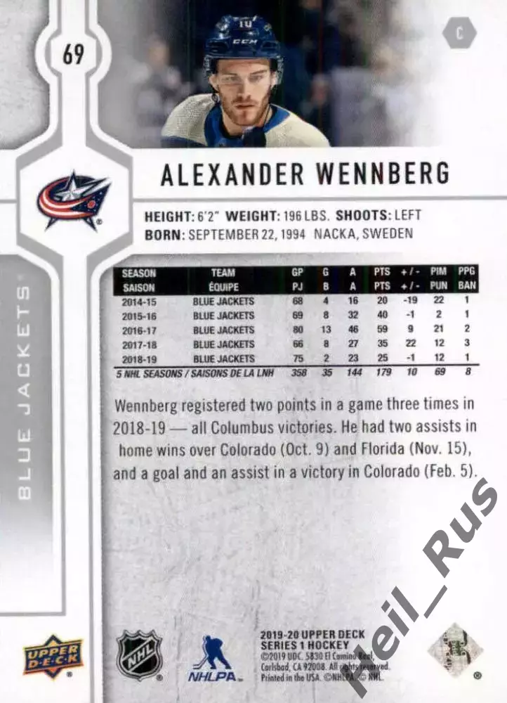 Карточка Alexander Wennberg/Александр Веннберг (Коламбус Блю Джекетс) НХЛ/NHL 1
