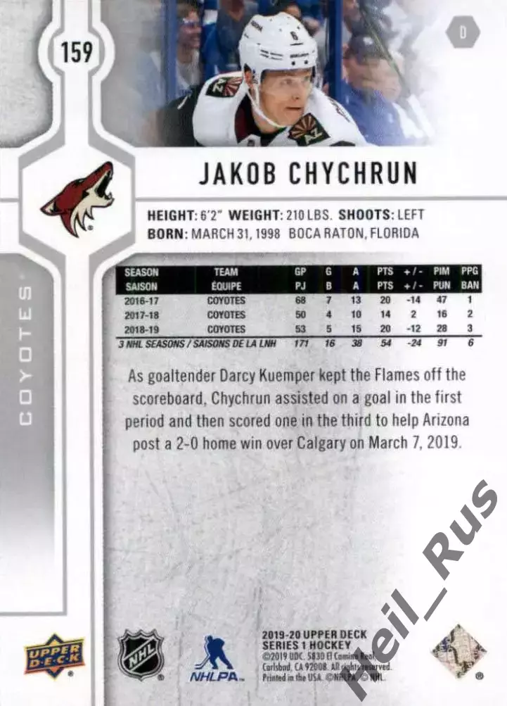 Карточка Jakob Chychrun/Джейкоб Чикран (Arizona Coyotes/Аризона Койотис) НХЛ NHL 1