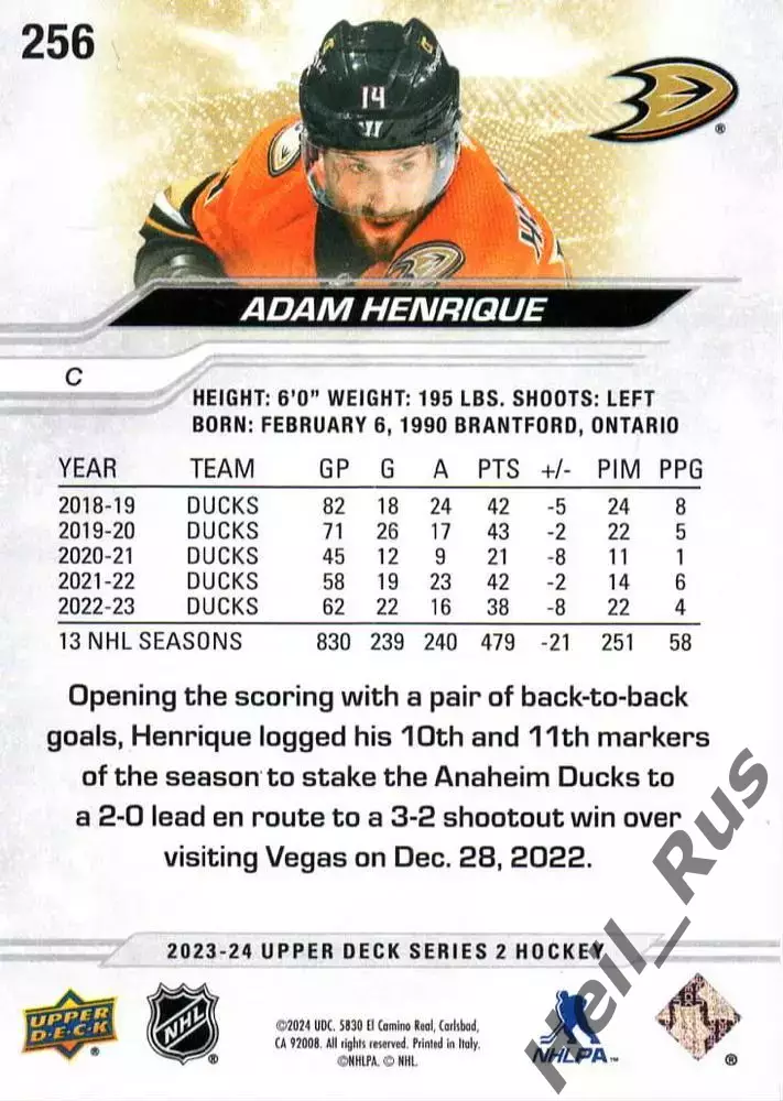 Хоккей. Карточка Adam Henrique/Адам Хенрик (Anaheim Ducks/Анахайм Дакс) NHL/НХЛ 1