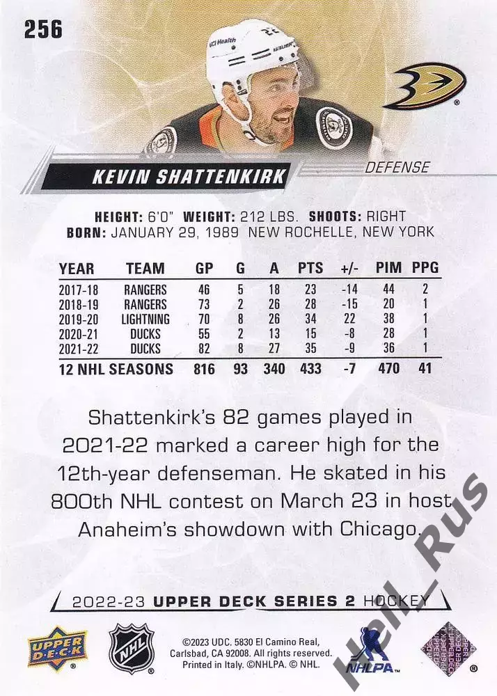 Карточка Kevin Shattenkirk/Кевин Шаттенкирк (Anaheim Ducks/Анахайм Дакс) NHL НХЛ 1