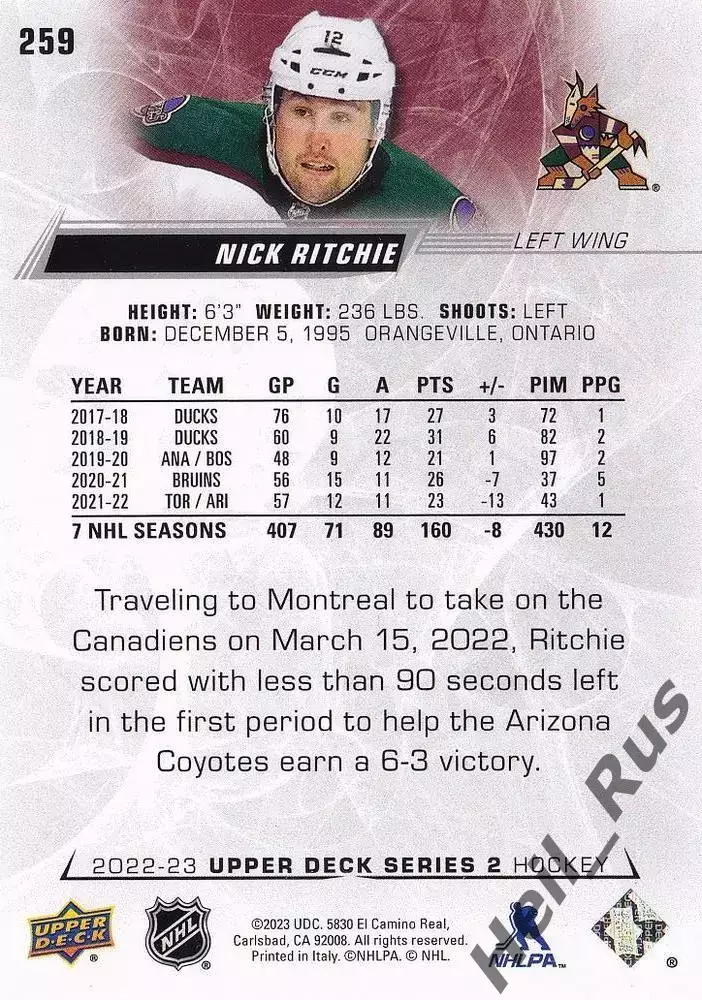 Хоккей. Карточка Nick Ritchie/Ник Ричи (Arizona Coyotes/Аризона Койотис) НХЛ/NHL 1