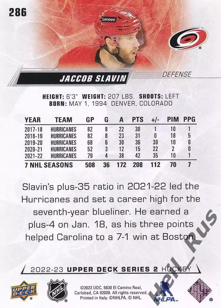 Карточка Jaccob Slavin / Джейккоб Слэвин (Carolina Hurricanes/Каролина) NHL/НХЛ 1