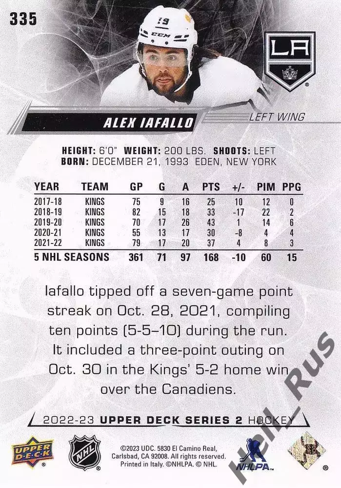 Карточка Alex Iafallo/Алекс Иафалло Los Angeles Kings/Лос-Анджелес Кингз NHL-НХЛ 1