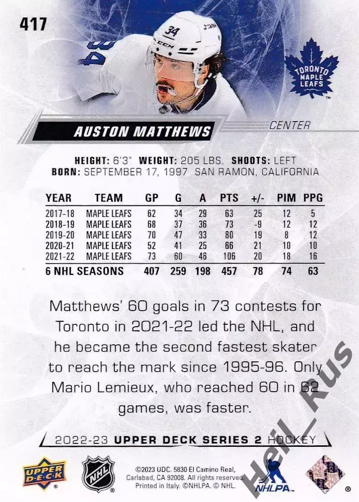 Карточка Matthews/Остон Мэттьюс (Toronto Maple Leafs/Торонто Мейпл Лифс) NHL НХЛ 1