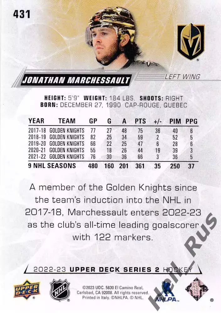 Карточка J. Marchessault/Джонатан Маршессо (Vegas Golden Knights/Вегас) НХЛ/NHL 1