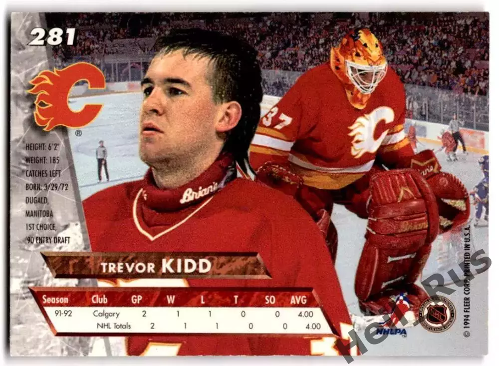 Хоккей; Карточка Trevor Kidd/Тревор Кидд (Calgary Flames/Калгари Флэймз) НХЛ/NHL 1