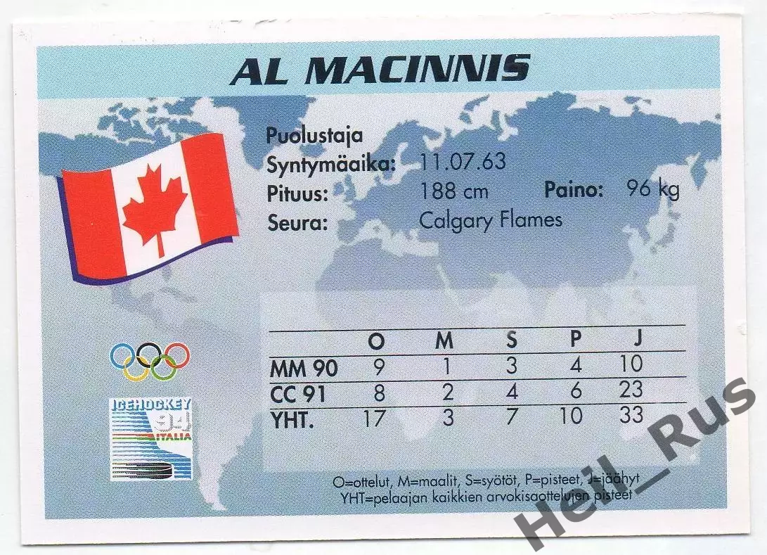 Хоккей. Карточка Al MacInnis/Эл Макиннис (Канада, Калгари Флэймз) НХЛ/NHL 1994 1