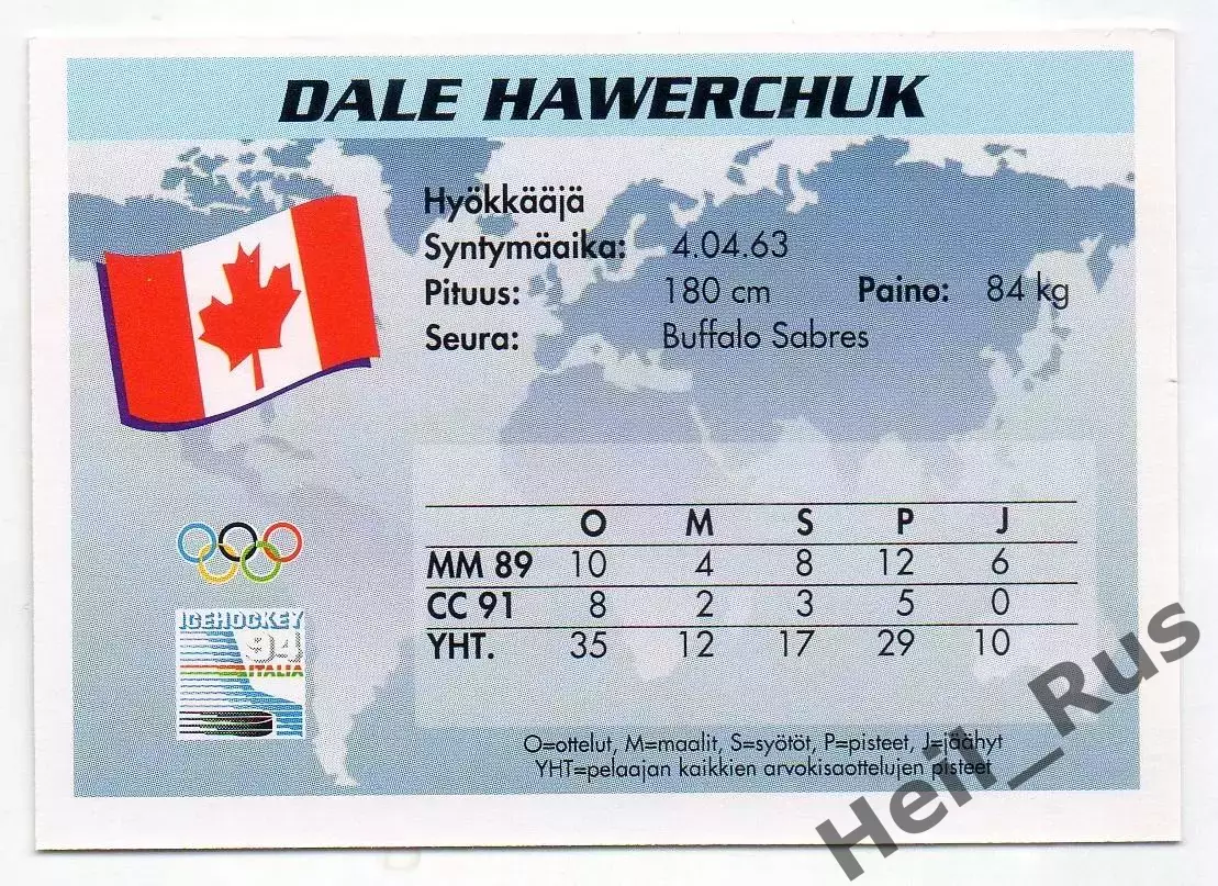 Хоккей. Карточка Dale Hawerchuk/Дэйл Хаверчук Канада/Баффало Сейбрз НХЛ/NHL 1994 1