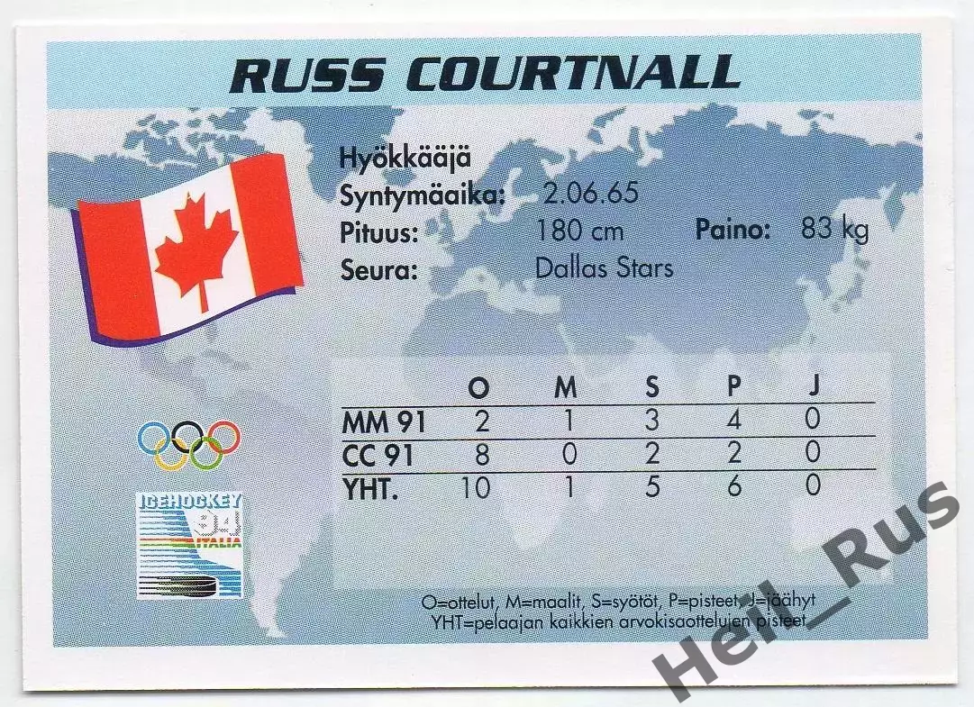 Хоккей. Карточка Russ Courtnall/Расс Куртнолл (Канада/Даллас Старз) НХЛ/NHL 1994 1