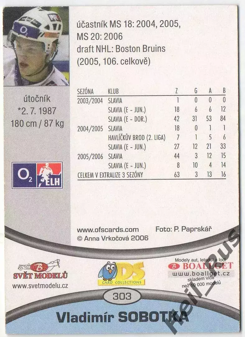 Хоккей. Карточка Vladimir Sobotka/Владимир Соботка Славия Прага/Авангард КХЛ/KHL 1