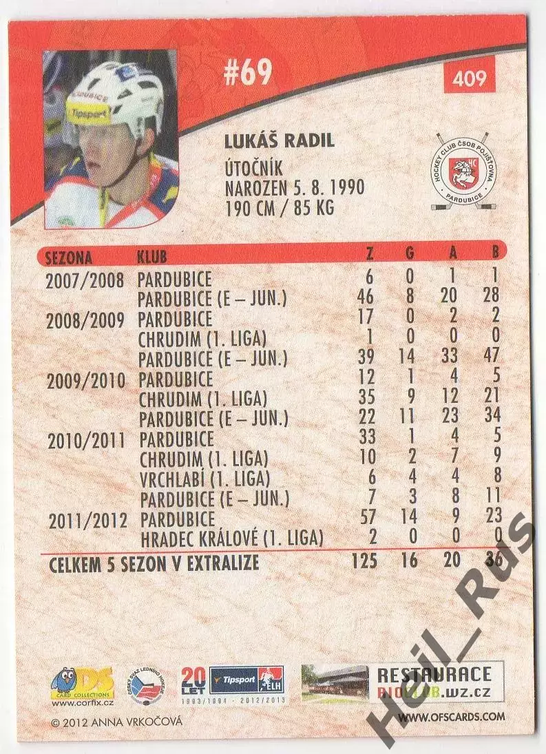 Хоккей. Карточка Lukas Radil/Лукаш Радил (Пардубице/Спартак/Динамо Рига) КХЛ/KHL 1